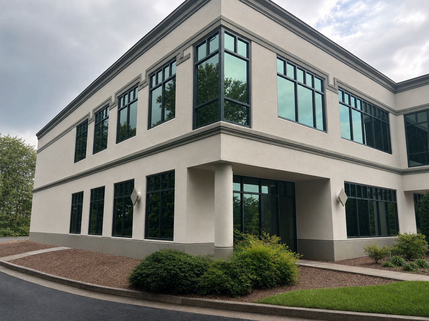 Modern two-story office building with large open windows and landscaped entrance